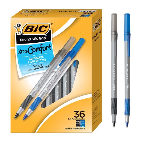 Round Stic Grip Xtra Comfort Ballpoint Pen, Medium Point (1.2mm), Black and Blue, 36-Count