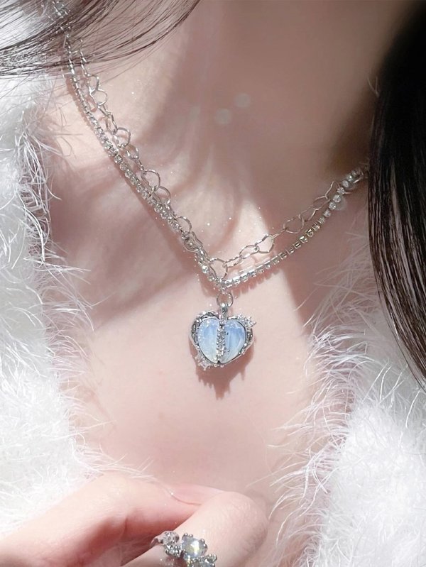 Rhinestone Decor Heart Charm Layered Necklace