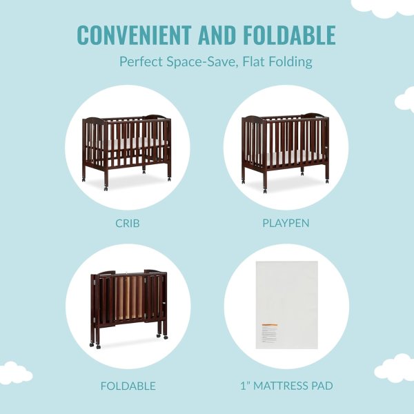 2 in 1 Portable Folding Stationary Side Crib in Espresso, Greenguard Gold Certified 40x26x38 Inch (Pack of 1)