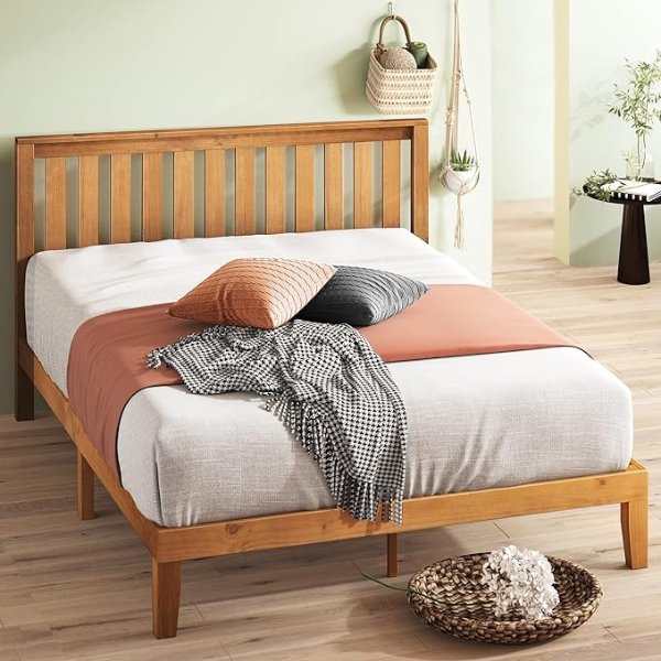 Alexia Wood with Wood Headboard Bed Frame with headboard / Solid Wood Foundation with Wood Slat Support / No Box Spring Needed / Easy Assembly, Rustic Pine, Queen