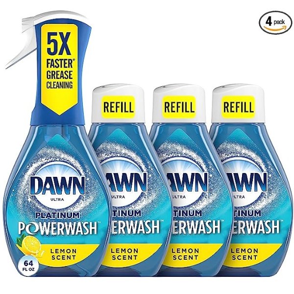 Platinum Powerwash Dish Spray, Dish Soap, Lemon Scent Refill, 16 oz, 1 Starter Kit + 3 Refills, 4 Total