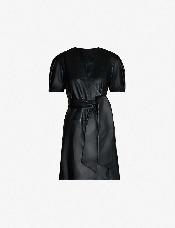 Boutique puff-sleeved wrapover leather dress