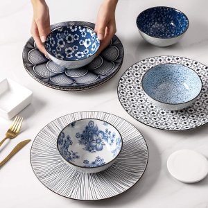 Y YHY Japanese Ceramic Bowls, 16oz Blue Bowl Set of 4
