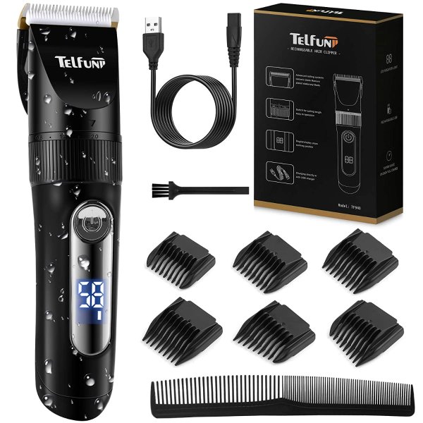Telfun Professional Hair Clippers and Trimmer for Men - LED Display, IPX7 Waterproof, Cordless - With Replaceable Ceramic Blade Heads