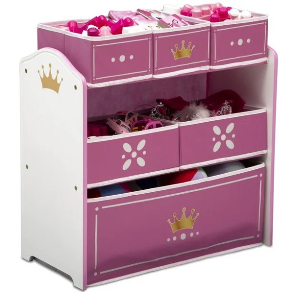 Delta Children Princess Crown 6 Bin Design and Store Toy Organizer - Greenguard Gold Certified- Durable Engineered Wood, Solid Wood and Fabric Construction, White/Pink