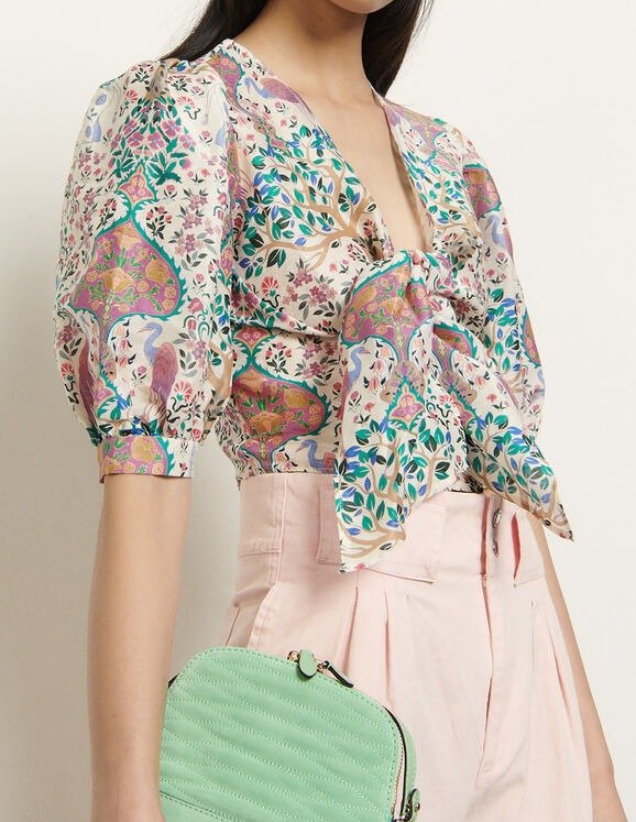 Printed cropped top in linen and silk