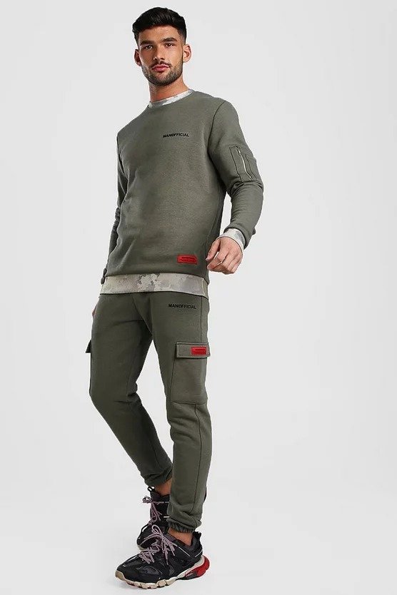 MAN Official Camo Detail Utility Sweater Tracksuit | boohooMAN