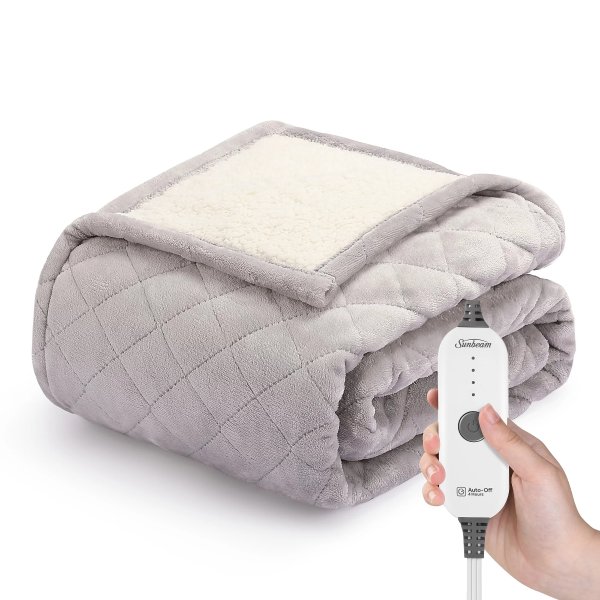 Dove Grey Quilted Velvet Reverse Sherpa Electric Heated Throw, 50" x 60", 4 Heat Settings, Fast Heating, 4-Hour Auto Shut-Off, Machine Washable