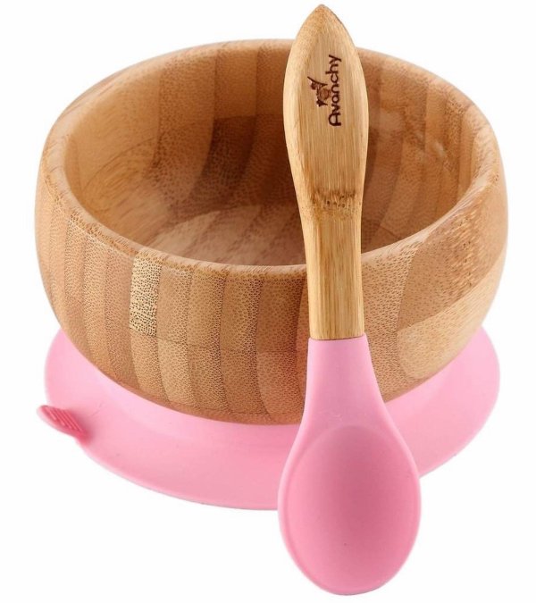 Bamboo Stay Put Suction Baby Bowl + Spoon - Pink
