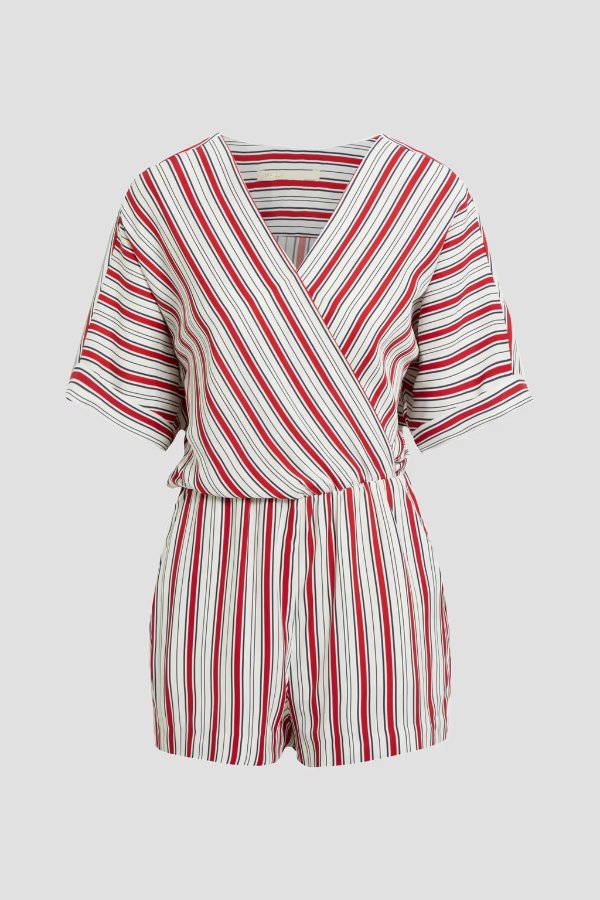 Wrap-effect striped woven playsuit