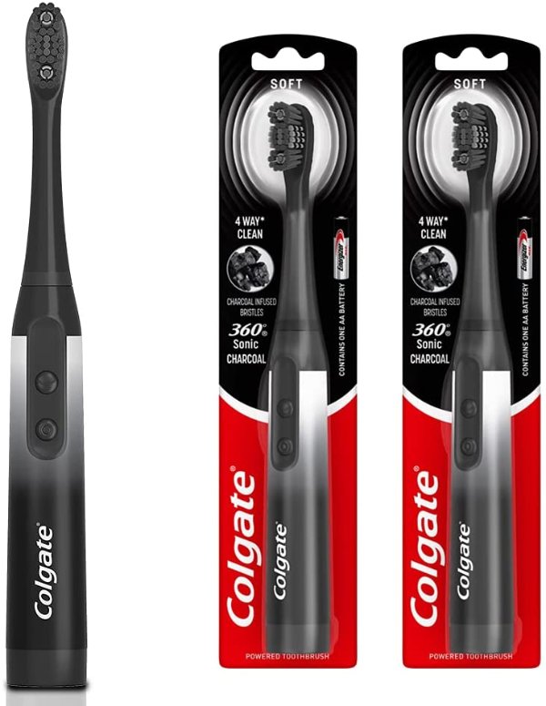 360 Charcoal Sonic Powered Battery Toothbrush, Pack of 2