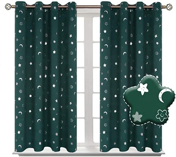 Moon and Stars Blackout Curtains for Kids Bedroom, 2 Panels of 52 x 54 Inch, Emerald Green