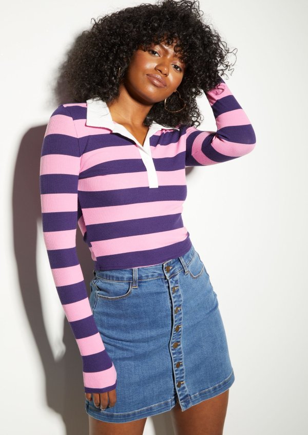 Pink Striped Long Sleeve Polo Top