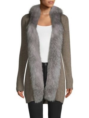 Fox Fur-Trim Open Front Cashmere Cardigan Sweater