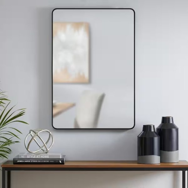 Medium Modern Rectangular Black Framed Mirror with Rounded Corners (22 in. W x 32 in. H)