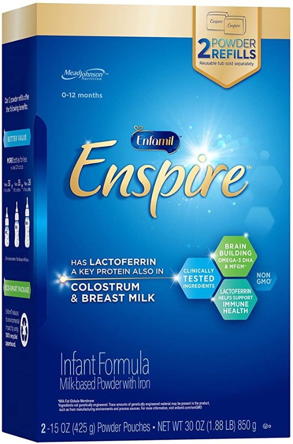 Enspire Baby Formula with Lactoferrin (Found in Colostrum & Breast Milk) Milk Based Powder, 30 oz. Refill Box, Dual Prebiotics, Brain Building & Immune Support, DHA, Iron, Non-GMO, MFGM