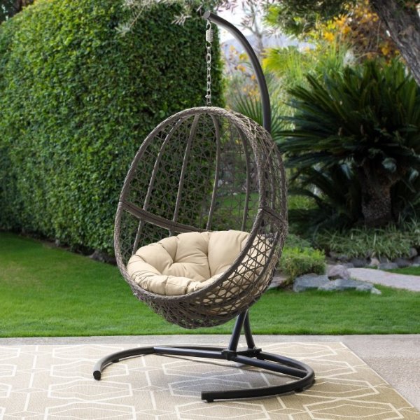Resin Wicker Hanging Egg Chair with Cushion and Stand