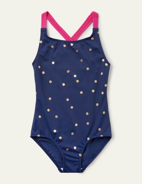 Cross-back Printed Swimsuit - Harmony Blue Gold Spot | Boden US