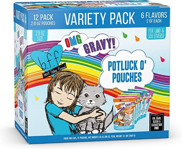 B.F.F. Omg - Best Feline Friend Oh My Gravy!, Variety Pack, Potluck O' Pouches, Wet Cat Food By Weruva, 2.8Oz Pouches (Pack Of 12)