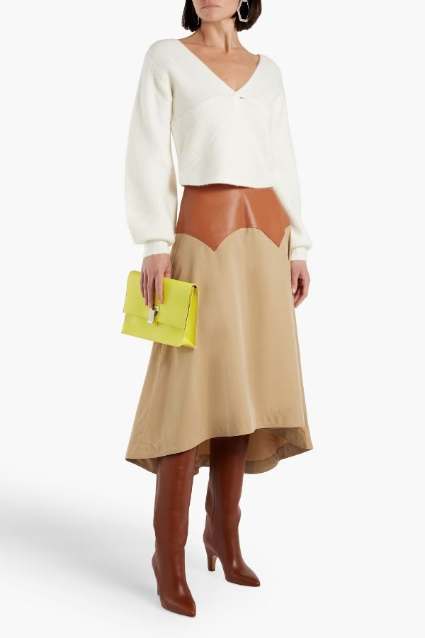 Leather-paneled cotton-twill midi skirt