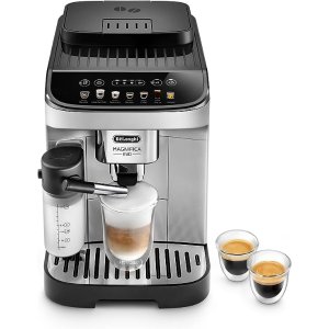 De'LonghiMagnifica Evo with LatteCrema System, Fully Automatic Machine Bean to Cup Espresso Cappuccino and Iced Coffee Maker, Colored Touch Display,Black, Silver