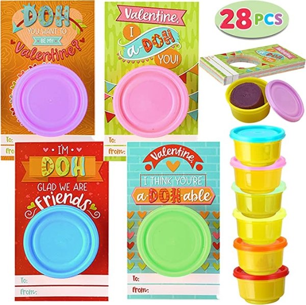 JOYIN 28 Pcs Valentines Day Gift Cards with Colorful Playing Dough for Kids Valentine Party Favors, Valentine's Classroom Exchange