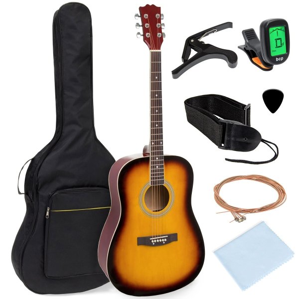 41in Acoustic Guitar Starter Kit w/ Digital Tuner, Padded Case, Picks, Strap