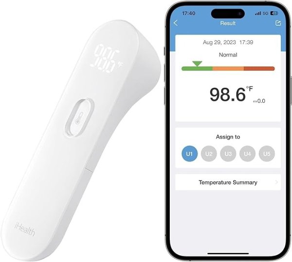 Wireless No-Touch Thermometer for Adults, Digital Infrared Fever Thermometer for Home, Thermometer for Babies & Kids with 3 Sensors, Bluetooth Forehead Thermometer with Gentle Vibration Sensor