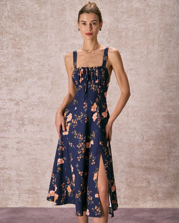 The Navy Lace Up Floral Ruched Midi Dress