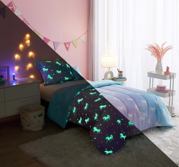 Rainbow Unicorn 5 Piece Glow In the Dark Comforter Set with Bonus String Light, Full