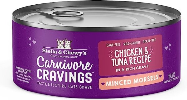Stella & Chewy’s Carnivore Cravings Minced Morsels Cans – Grain Free, Protein Rich Wet Cat Food – Cage-Free Chicken & Wild-Caught Tuna Recipe – (2.8 Ounce Cans, Case of 24)