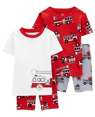 Toddler Boys Fire Truck Snug Fit Mix and Match Cotton Pajamas, 4 Piece Set