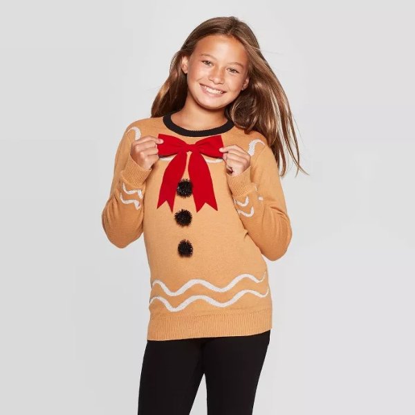 Girls' Gingerbread Long Sleeve Ugly Holiday Pullover Sweater - Brown