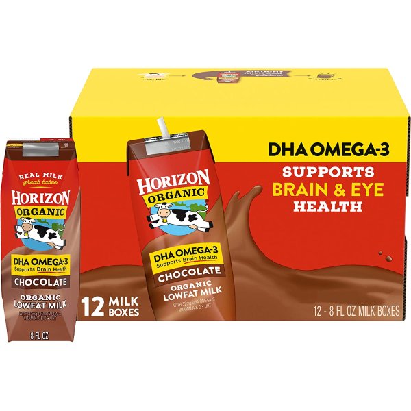 Horizon Organic Shelf-Stable 1% Lowfat Milk Boxes with DHA Omega-3, Chocolate, 8 Fl Oz(Pack of 12)