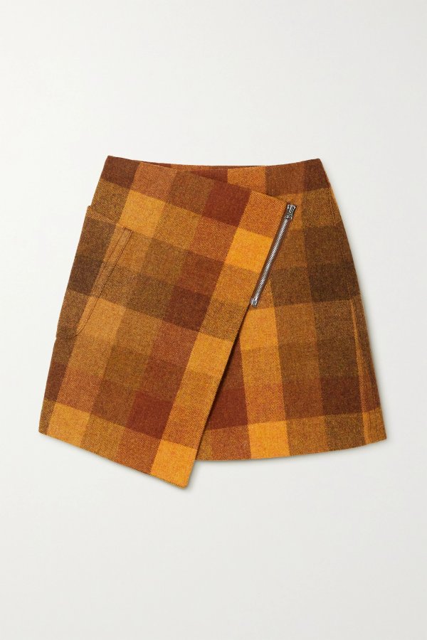 Asymmetric checked wool mini wrap skirt