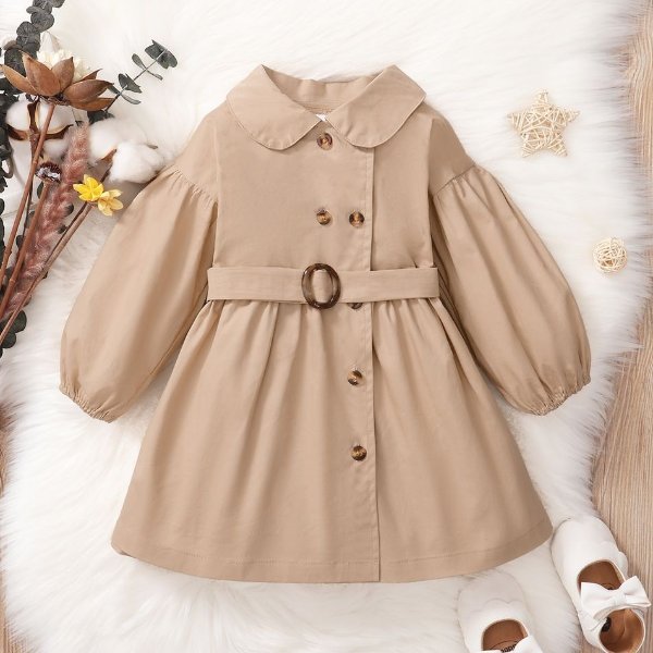 100% Cotton Lapel Double Breasted Lantern Sleeve Baby Belted Dress