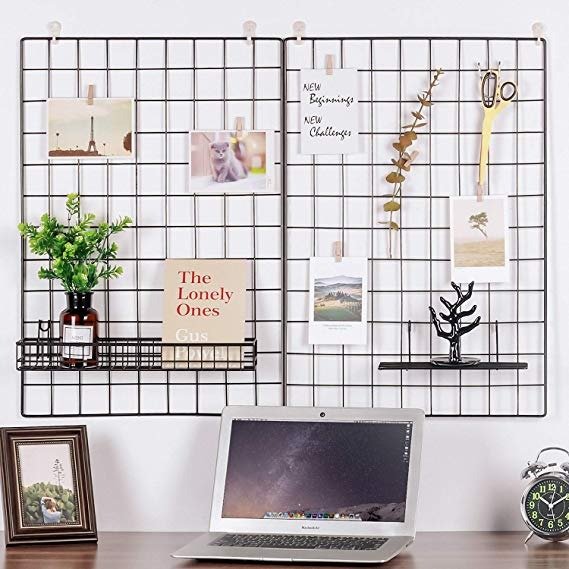 Painted Wire Wall Grid Panel, Multifunction Photo Hanging Display and Wall Storage Organizer, Pack of 2, Size 25.6x17.7inch, Black