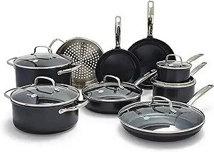 Chatham Prime Midnight Hard Anodized Healthy Ceramic Nonstick, 15 Piece Cookware Pots and Pans Set, Saute, Saucepan, Steamer, Stockpot, Lids, PFAS-Free, Dishwasher & Oven Safe, Black
