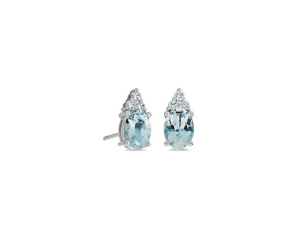 Oval Aquamarine and Diamond Cluster Stud Earrings in 14k White Gold