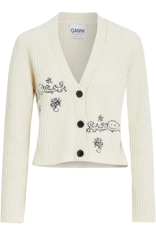 Embroidered ribbed recycled wool-blend cardigan