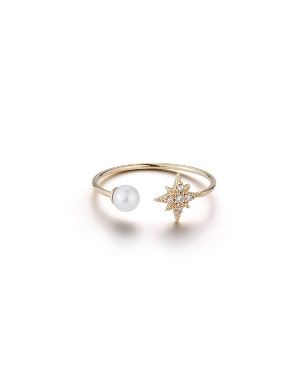 14k Gold Pearl and Diamond Starburst Cuff Ring