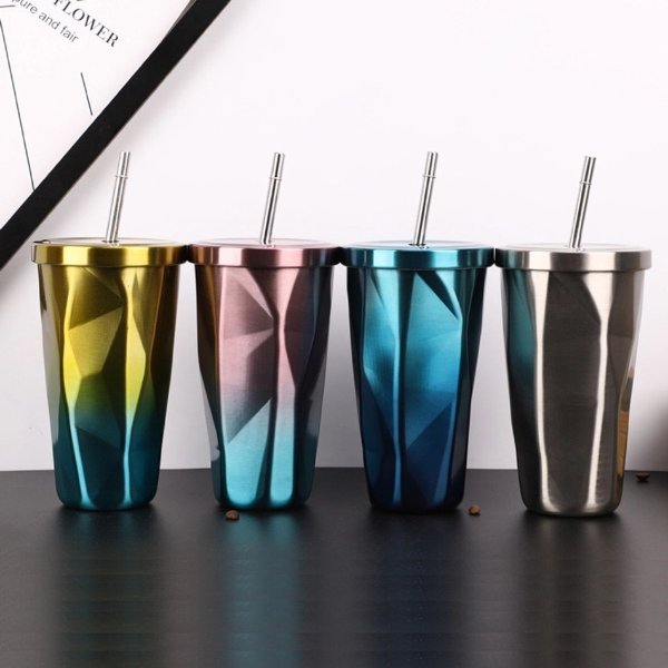 Gradient Color Diamond-shaped Stainless Steel Vacuum Cup Coffee Cup Drinking Straw Water Cup