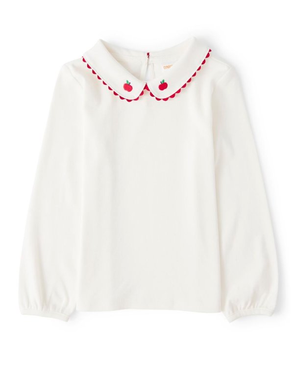 Girls Long Sleeve Embroidered Apple Collar Top - Candy Apple