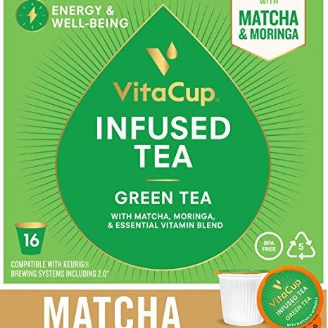 VitaCup Green Tea 64ct. Top Rated Tea Cups with Matcha & Moringa Infused With Essential Vitamins B12, B9, B6, B5, B1, D3, Pods Compatible with K-Cup Brewers including Keurig 2.0