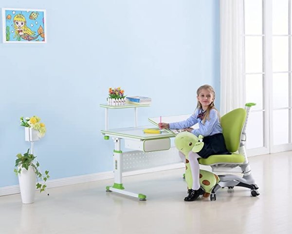 Little Soleil DX 43"W Children's Height Adjustable Study Desk w/ Integrated Shelf & Drawer (Desk+Chair Bundle – Green)