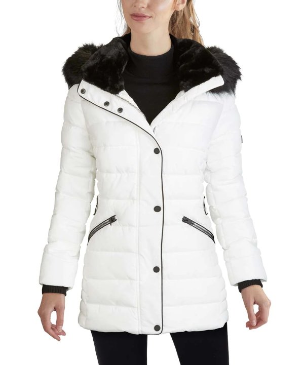 | White & Black Faux Fur-Trim Hooded Puffer Coat - Women