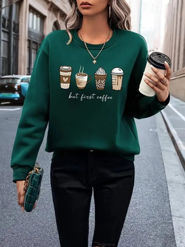 Women's Coffee & Letter Print Sweatshirt - Casual Crew Neck Long Sleeve Top for Comfortable and Stylish Look