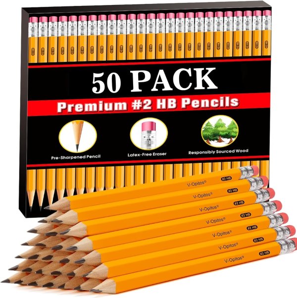 V-Opitos Wood-Cased #2 HB Pencils, 50 Pack Pre-Sharpened Pencils