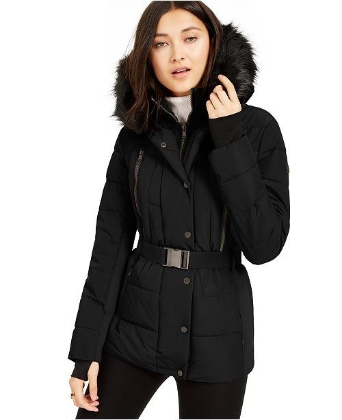 Active Belted Faux-Fur-Trim Puffer Coat