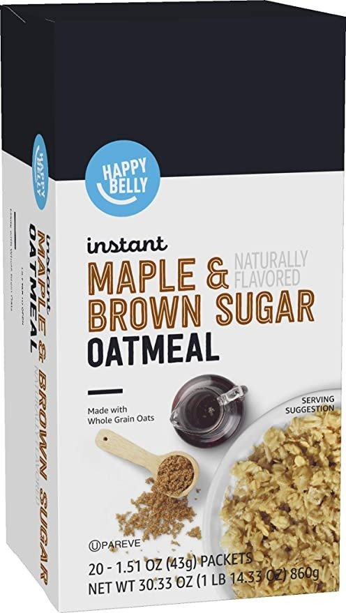 Amazon Brand - Happy Belly Instant Oatmeal, Maple and Brown Sugar, Pack of 20
